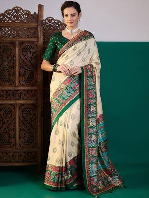 Cream ethnic digital printed festive wear printing saree with matching blouse 1
