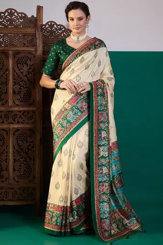 Cream ethnic digital printed festive wear printing saree with matching blouse
