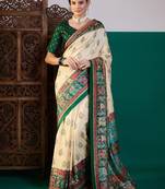Cream ethnic digital printed festive wear printing saree with matching blouse