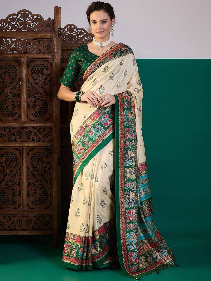 Cream ethnic digital printed festive wear printing saree with matching blouse