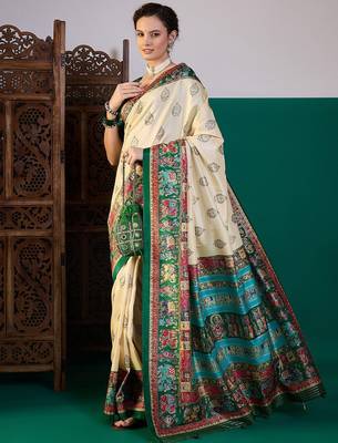 Cream ethnic digital printed festive wear printing saree with matching blouse 2