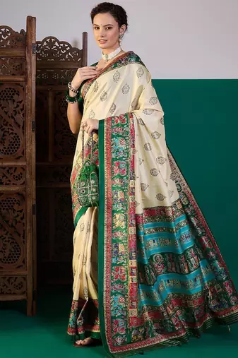 Cream ethnic digital printed festive wear printing saree with matching blouse