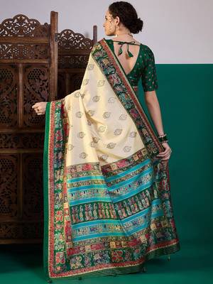 Cream ethnic digital printed festive wear printing saree with matching blouse 3