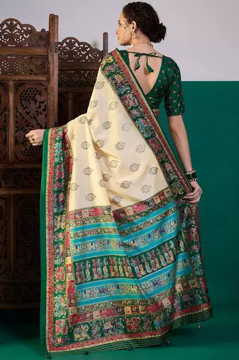 Cream ethnic digital printed festive wear printing saree with matching blouse