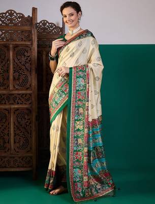 Cream ethnic digital printed festive wear printing saree with matching blouse 4