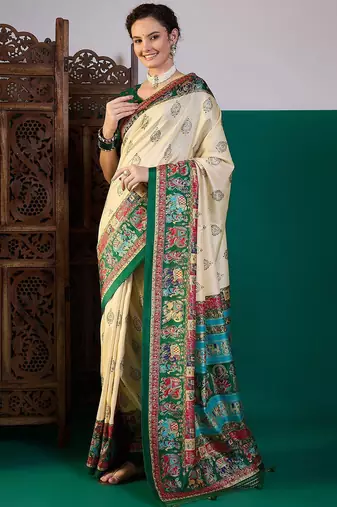 Cream ethnic digital printed festive wear printing saree with matching blouse