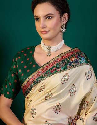 Cream ethnic digital printed festive wear printing saree with matching blouse 5