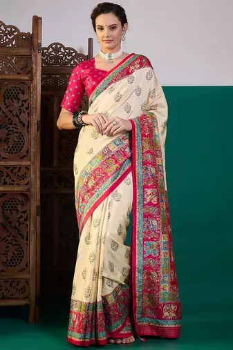 Pink ethnic digital printed festive wear printing saree with matching blouse
