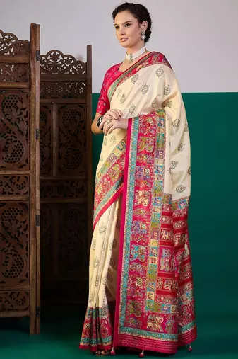 Pink ethnic digital printed festive wear printing saree with matching blouse