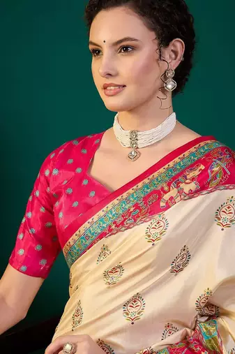 Pink ethnic digital printed festive wear printing saree with matching blouse