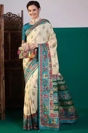 Cream ethnic digital printed festive wear saree with unstitched blouse piece