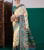 Cream ethnic digital printed festive wear saree with unstitched blouse piece