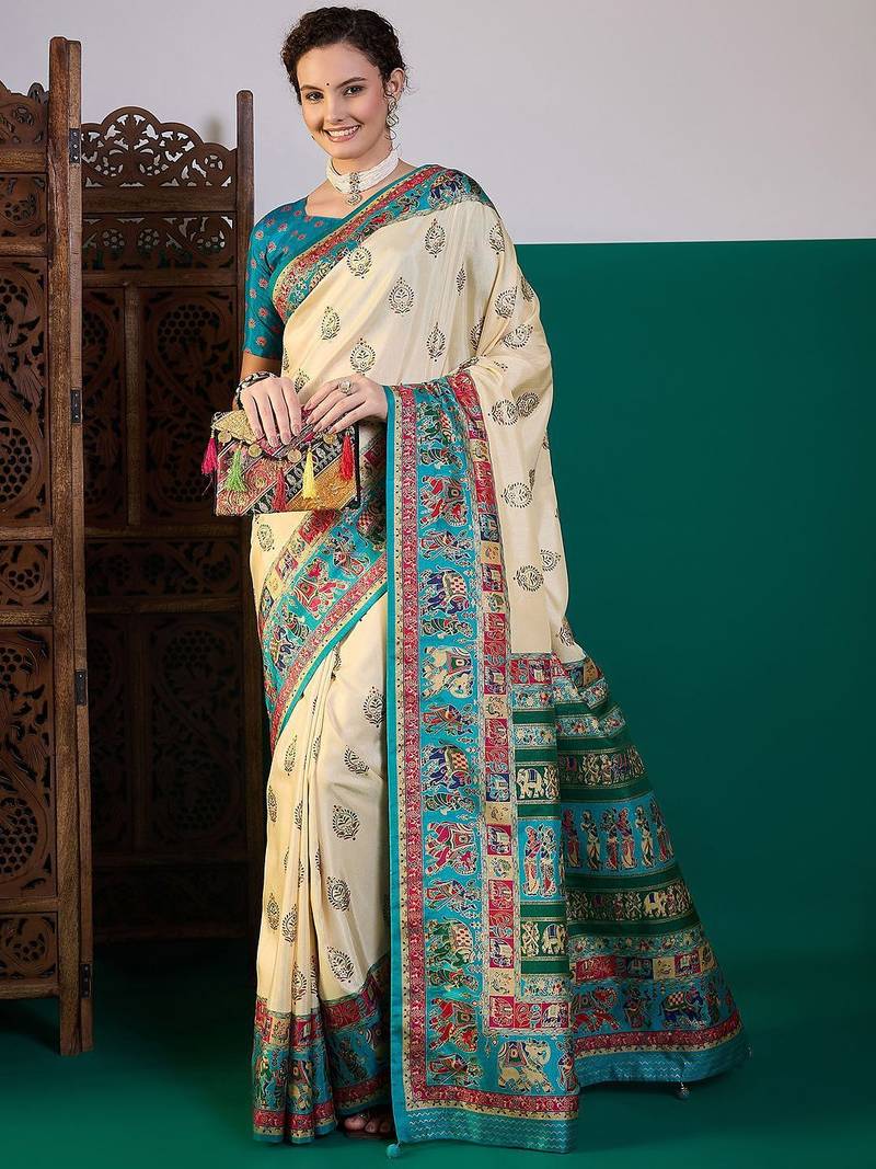 Cream ethnic digital printed festive wear saree with unstitched blouse piece