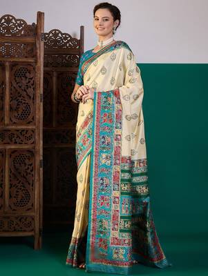 Cream ethnic digital printed festive wear saree with unstitched blouse piece 2