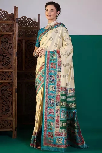 Cream ethnic digital printed festive wear saree with unstitched blouse piece