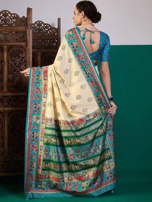 Cream ethnic digital printed festive wear saree with unstitched blouse piece 3
