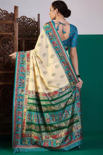 Cream ethnic digital printed festive wear saree with unstitched blouse piece