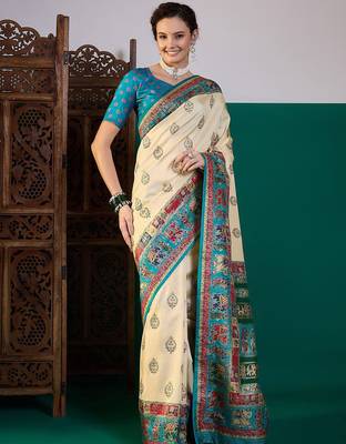 Cream ethnic digital printed festive wear saree with unstitched blouse piece 4