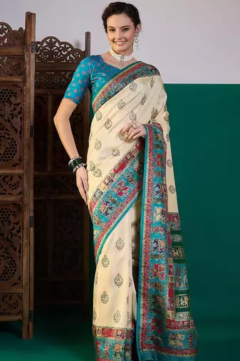 Cream ethnic digital printed festive wear saree with unstitched blouse piece