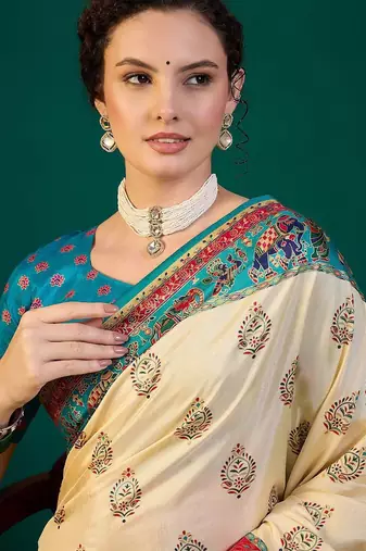 Cream ethnic digital printed festive wear saree with unstitched blouse piece
