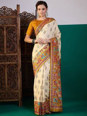Cream ethnic motifs printed saree with unstitched blouse 2