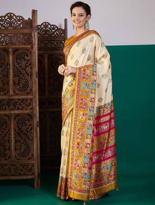 Cream ethnic motifs printed saree with unstitched blouse 3