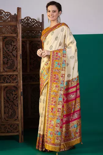 Cream ethnic motifs printed saree with unstitched blouse