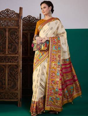 Cream ethnic motifs printed saree with unstitched blouse 5