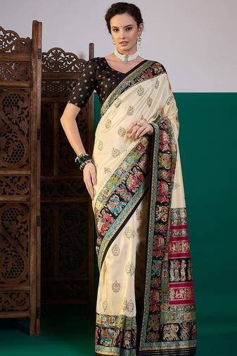 Black ethnic digital printed festive wear printing saree with matching blouse