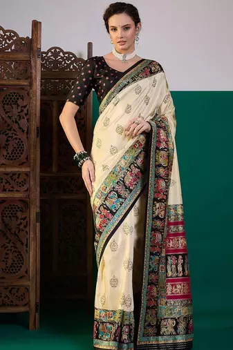 Black ethnic digital printed festive wear printing saree with matching blouse