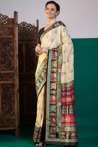 Black ethnic digital printed festive wear printing saree with matching blouse