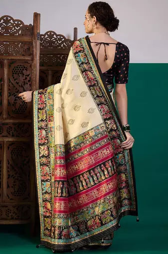 Black ethnic digital printed festive wear printing saree with matching blouse