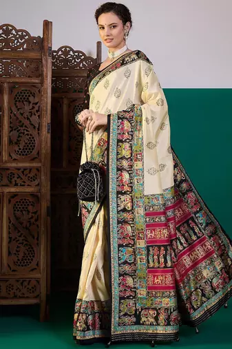 Black ethnic digital printed festive wear printing saree with matching blouse