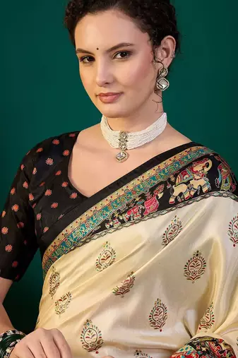 Black ethnic digital printed festive wear printing saree with matching blouse