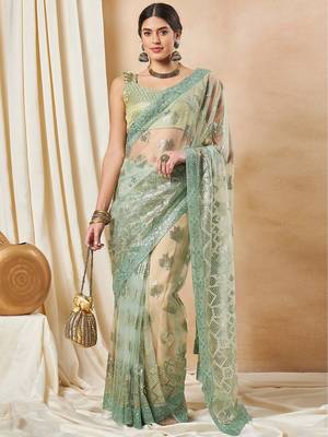 Green georgette embellished saree with matching blouse 1
