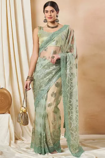 Green georgette embellished saree with matching blouse