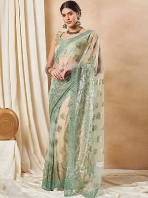Green georgette embellished saree with matching blouse 2
