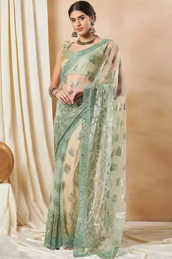 Green georgette embellished saree with matching blouse