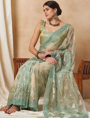Green georgette embellished saree with matching blouse 4