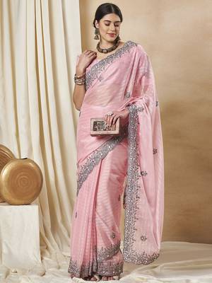 Pink striped embellished saree 1