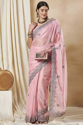 Pink striped embellished saree