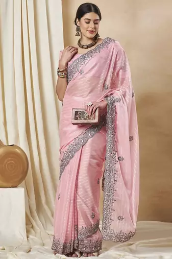 Pink striped embellished saree