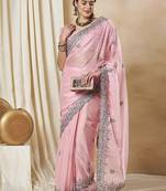 Pink striped embellished saree