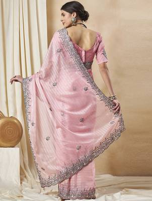 Pink striped embellished saree 2