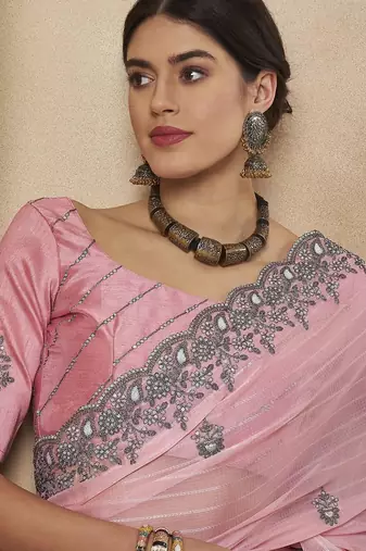 Pink striped embellished saree