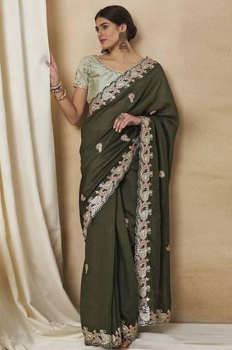 Olive embellished saree with matching blouse