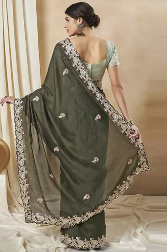 Olive embellished saree with matching blouse