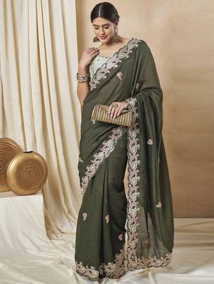Olive embellished saree with matching blouse 3