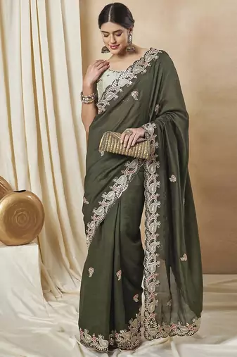 Olive embellished saree with matching blouse