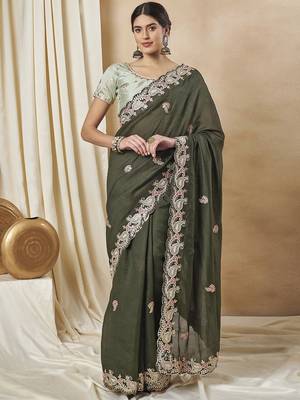 Olive embellished saree with matching blouse 4